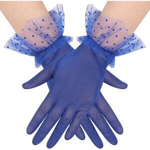 Women's Short Lace Royal Blue Sheer Mesh Tea Party Prom Gloves Banquet Costume